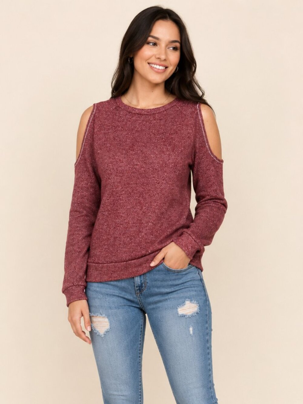 A067-C • Wine Cold Shoulder Crew Neck Pullover Sweater